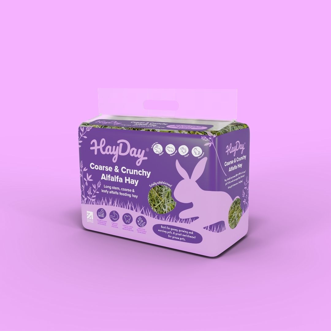 HayDay's Coarse & Crunchy Alfalfa Hay on a purple background.