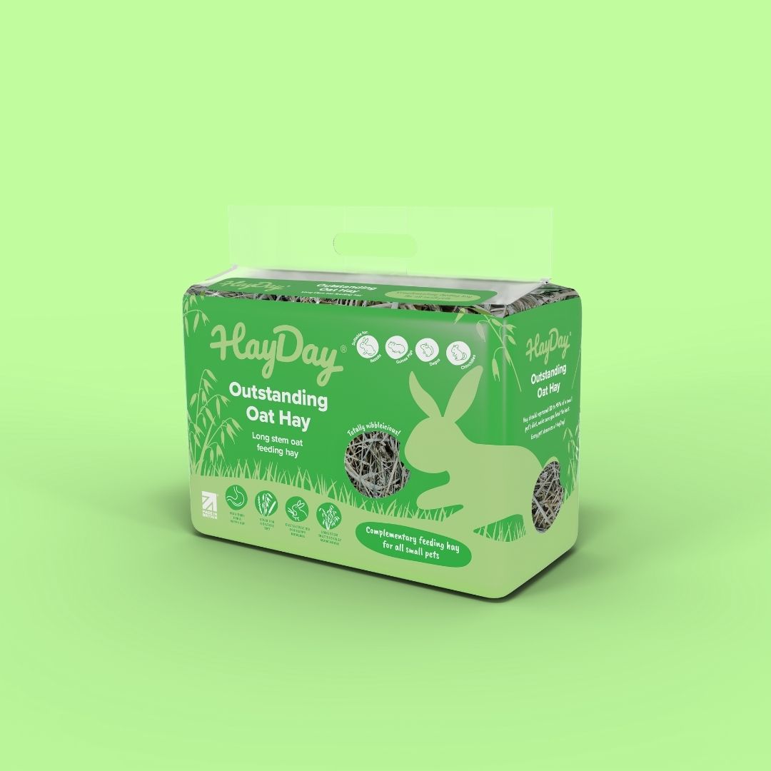A pack of HayDay Outstanding Oat Hay 1kg on a green background.