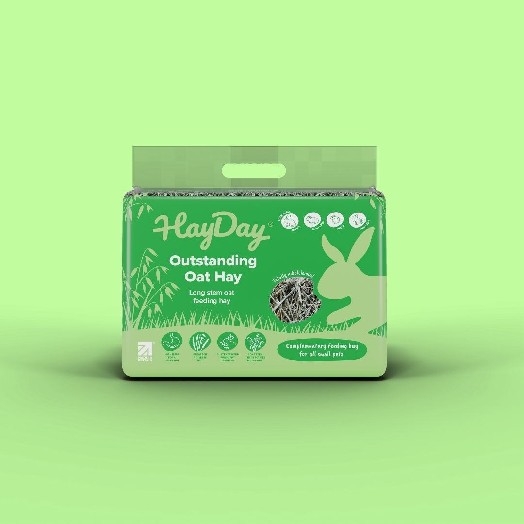 HayDay Outstanding Oat Hay 1kg on a green background.