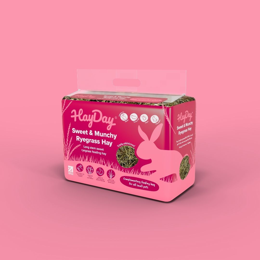 HayDay Sweet & Munchy Ryegrass Hay on a pink background.