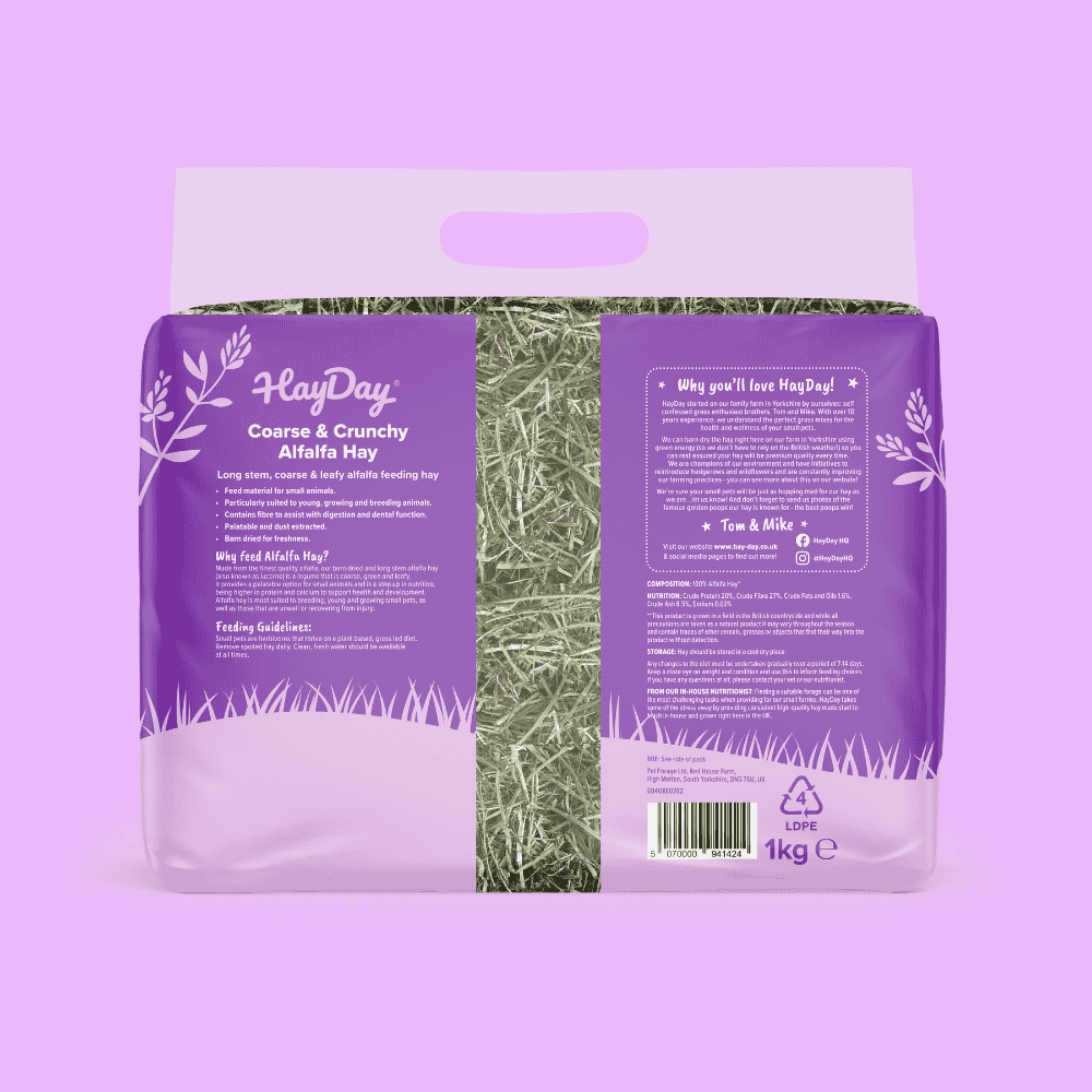 Coarse & Crunchy Alfalfa Hay 1kg, back of packaging, on a light purple background.