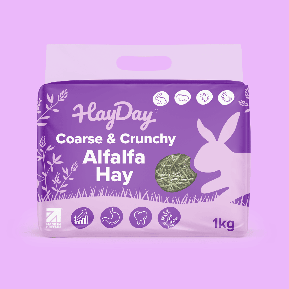 Coarse & Crunchy Alfalfa Hay 1kg on a light purple background.