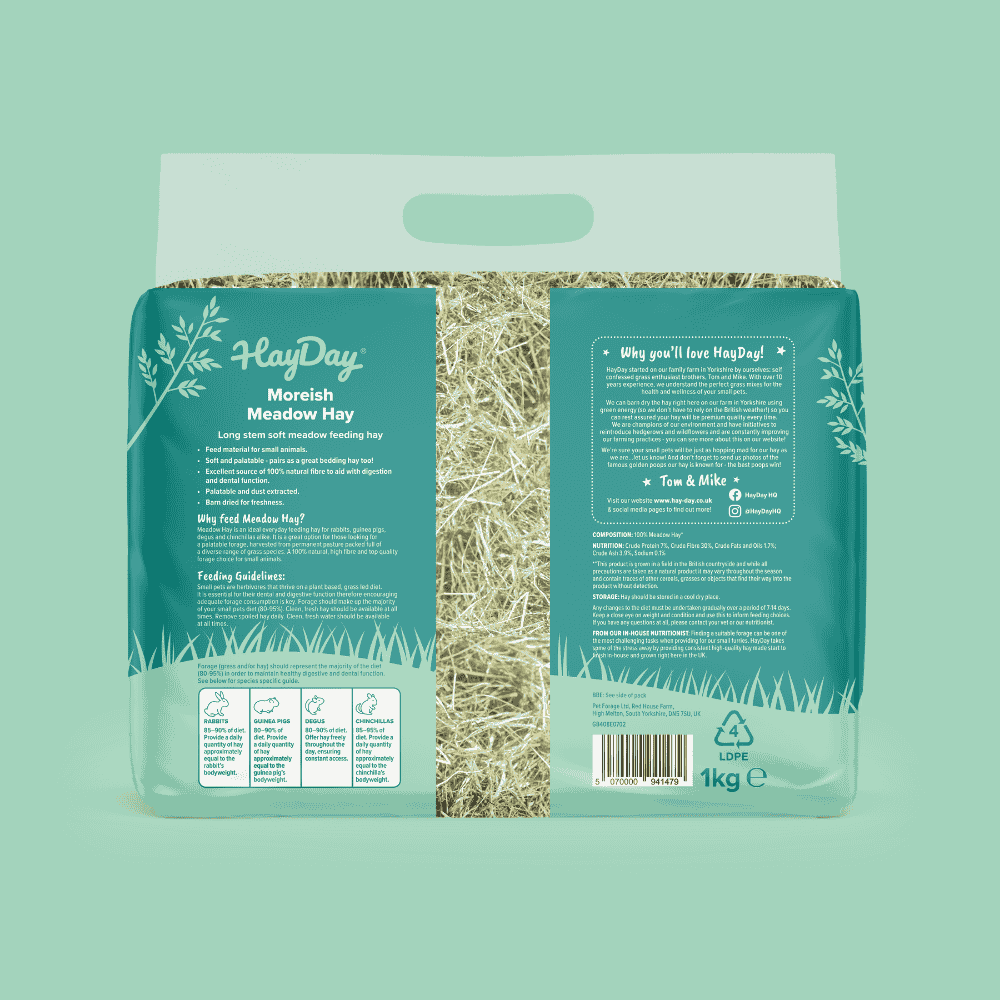 HayDay Morish Meadow Hay back of packaging on a light green background.