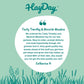Review of HayDay Timothy and Moreish Meadow hay on a green background with grass illustration.