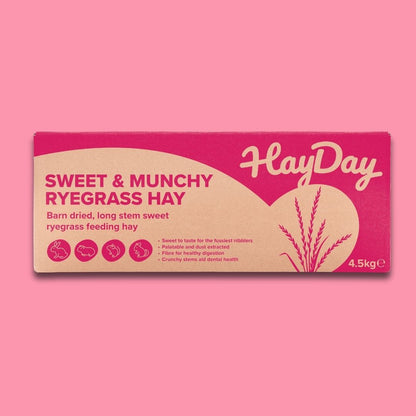 HayDay Sweet and Munchy Ryegrass Hay 4.5kg on a pink background.