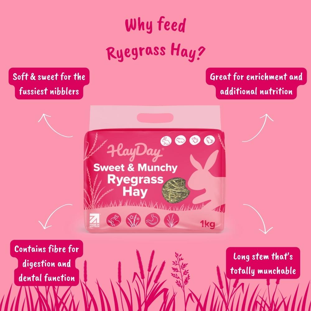 Sweet & Munchy Ryegrass 1kg, with benefits listed, on a light pink background.