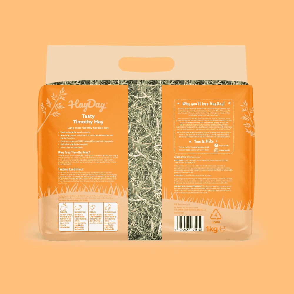 HayDay Timothy Hay back of packaging on an orange background.