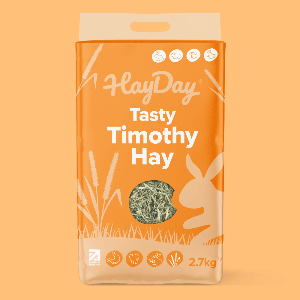 HayDay Timothy Hay 2.7kg packaging on a orange background.